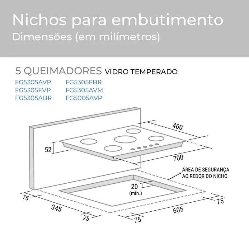 Cooktop 5 bocas a gás glass fg5305avp tripla chama preto