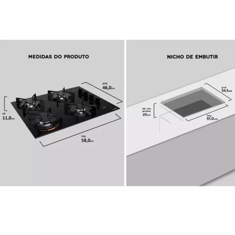Cooktop 4 Bocas A Gás Glass Utop Preto Atlas
