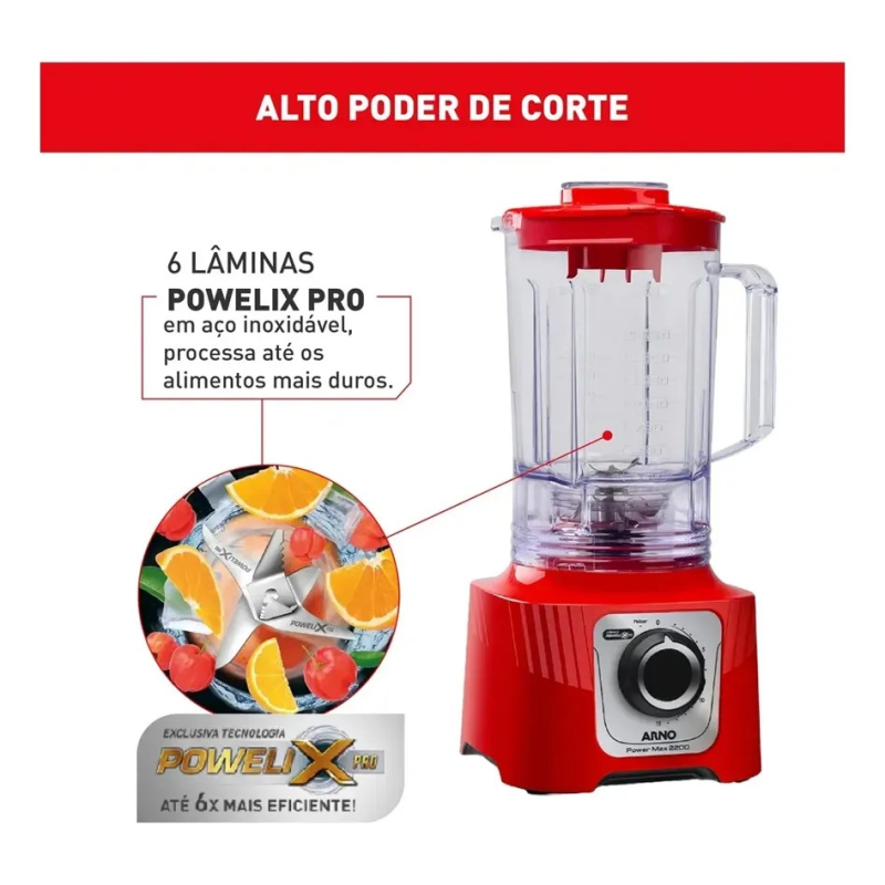 Liquidificador 15 velocidades 2200w power max  vermelho