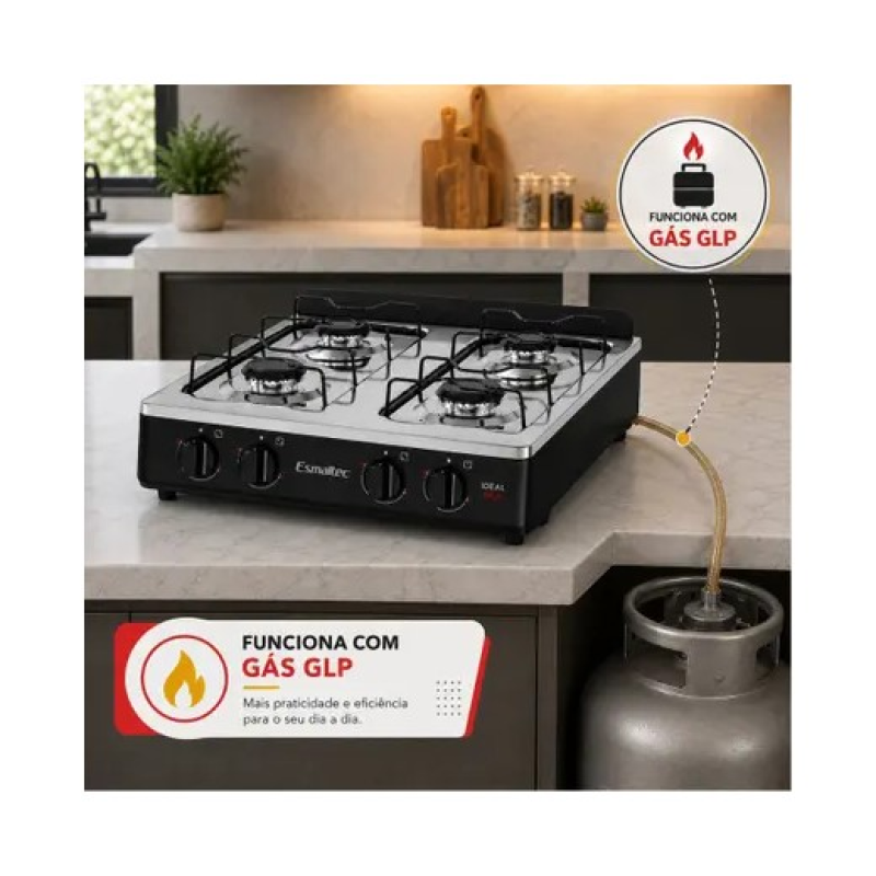 Fogão 4 bocas mesa inox ideal eco preto